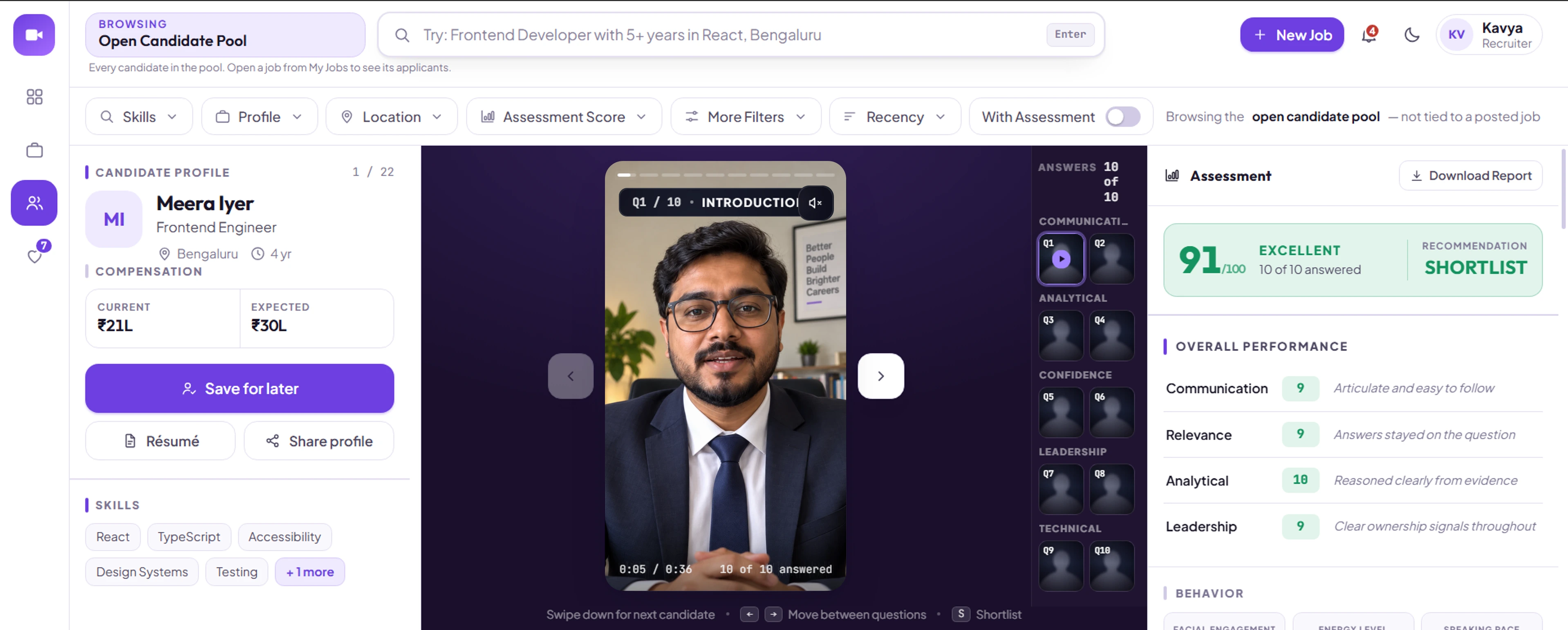 Intrepo Candidate Discovery: a search bar and filters above a candidate’s profile, their recorded video answer, and the assessment panel with score, recommendation and scored parameters.