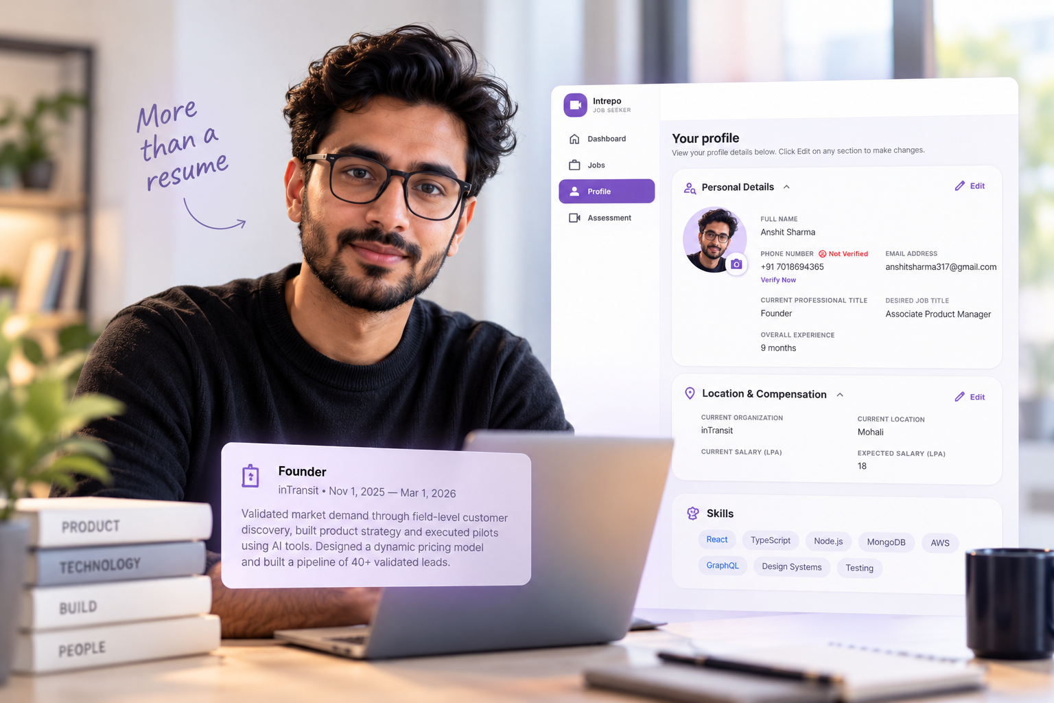 A candidate at a laptop beside their Intrepo profile, with a note reading “More than a resume”.