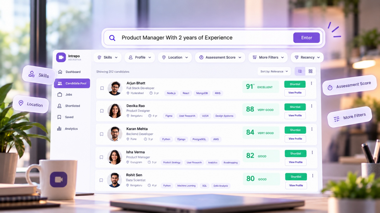 An Intrepo candidate search in plain language, with filters and a list of candidates with assessment scores.