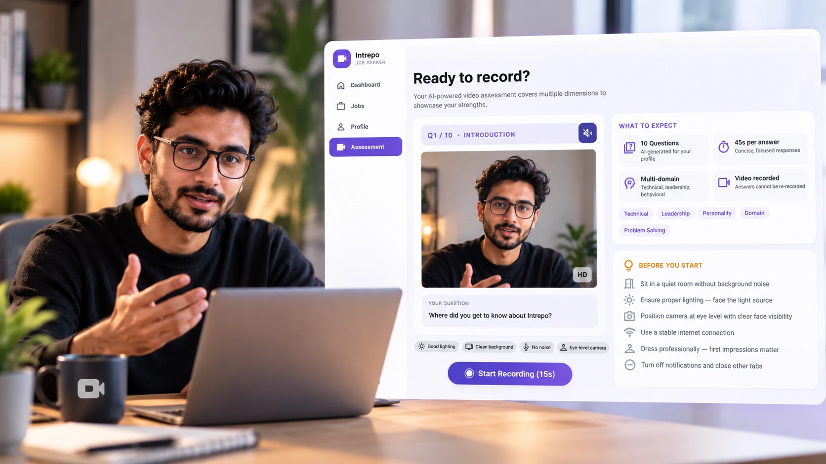 A candidate answering on camera beside the Intrepo “Ready to record?” screen: question 1 of 10, what to expect, and tips before starting.