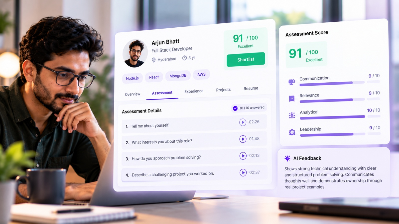 A candidate reviewing their assessment: a score out of 100, the questions answered, scored parameters and written feedback.